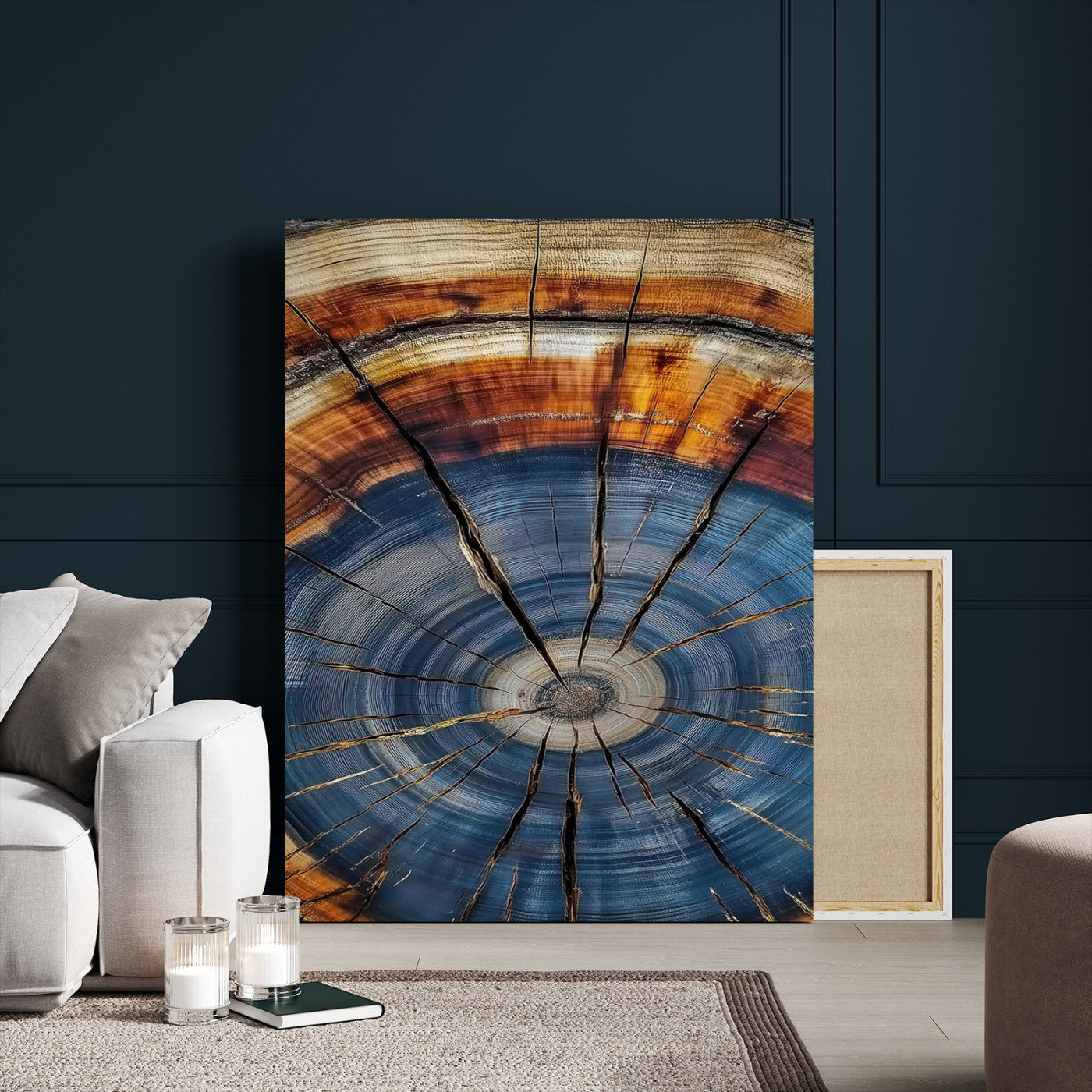 Canvas of a tree ring with bold blue and orange hues and cracked radial lines, ideal for rustic or earthy modern interiors.