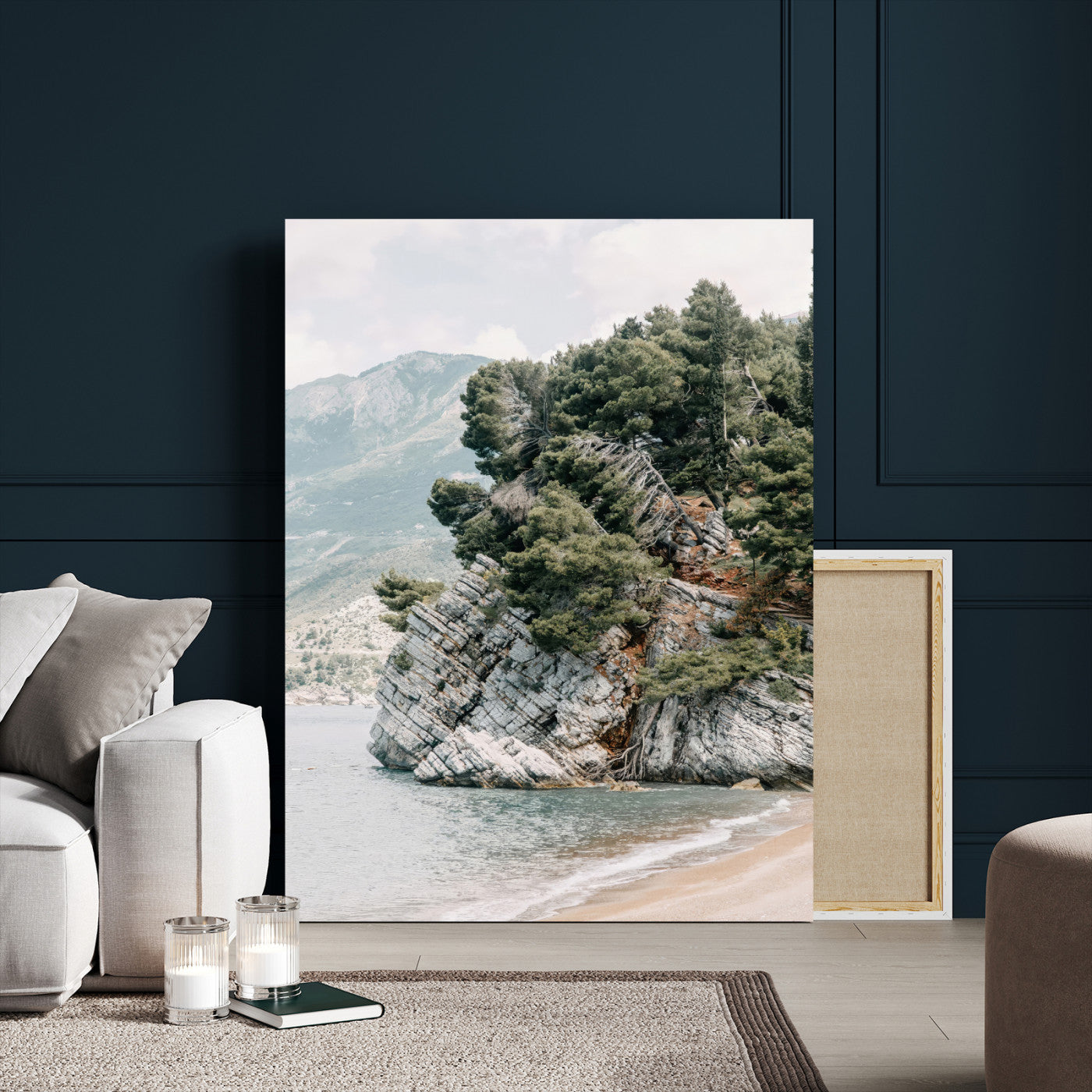 Framed photo of a rocky coastal cliff with dense greenery and calm shoreline, ideal for rustic coastal or earthy-toned home decor.
