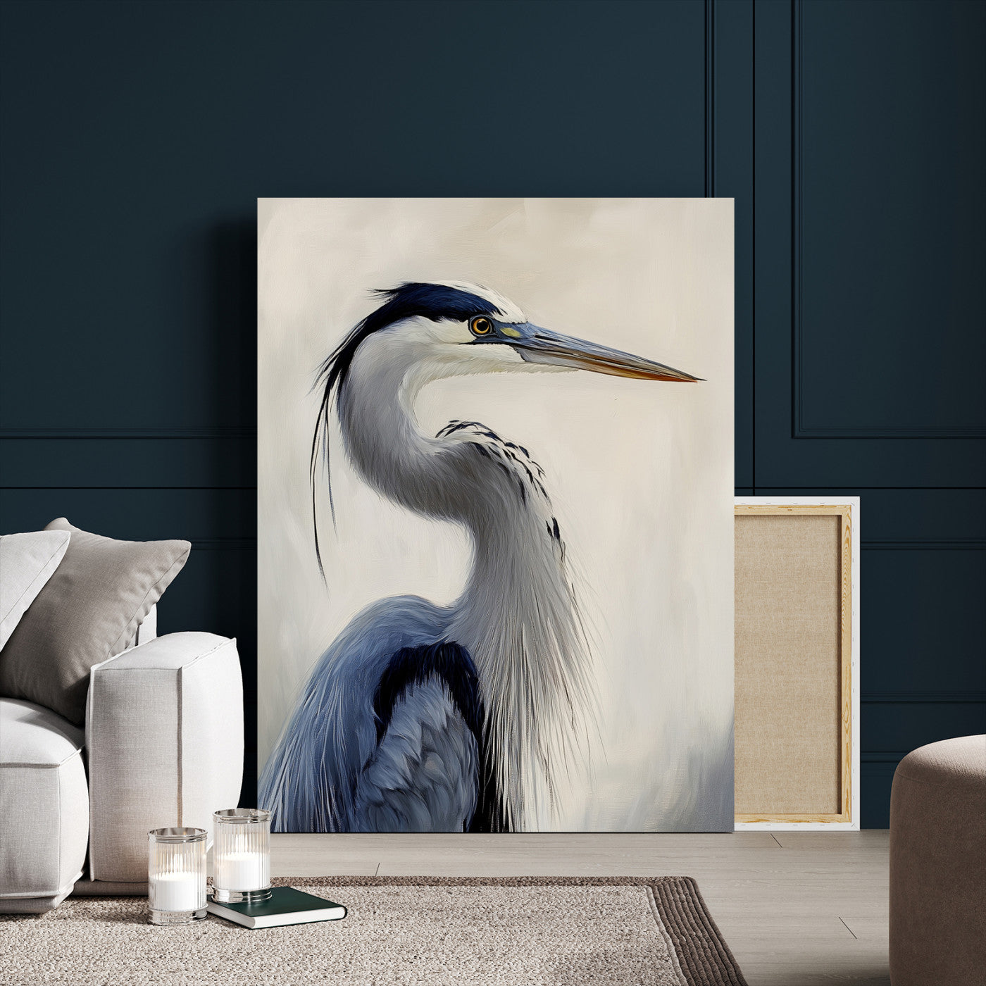 Elegant blue heron in profile with soft brush detail and neutral tones, ideal for nature-themed or coastal minimalist interiors.