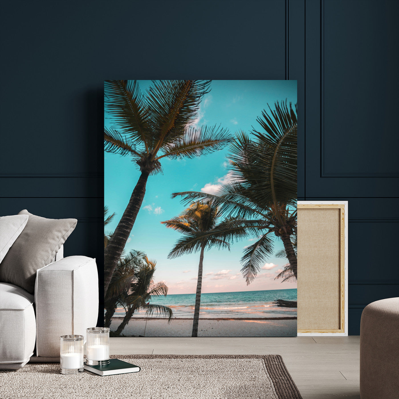 Tall palm trees swaying over a tropical beach with turquoise ocean waves and a soft sunset glow, creating a relaxing coastal vibe.