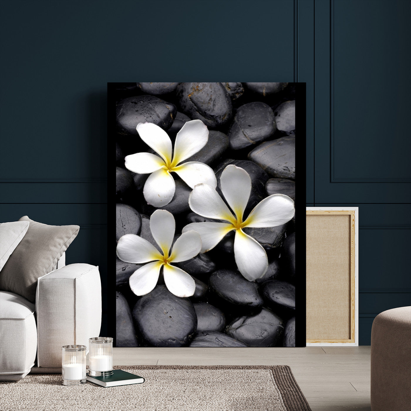 Large Wall Art White Flowers on Black Zen Meditation Stones Vertical Canvas Print