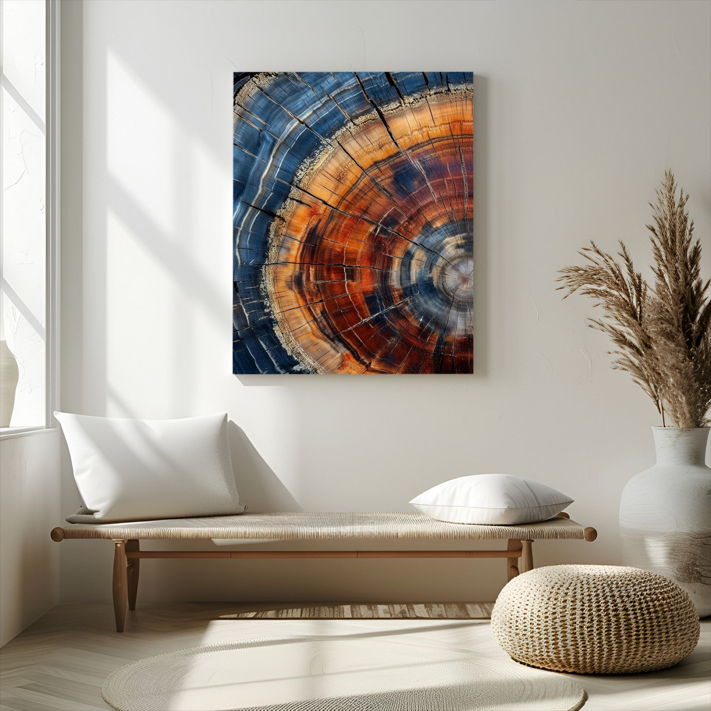 Canvas of colorful tree rings in rich blue and warm orange hues with cracked natural texture, ideal for rustic or earthy decor styles.