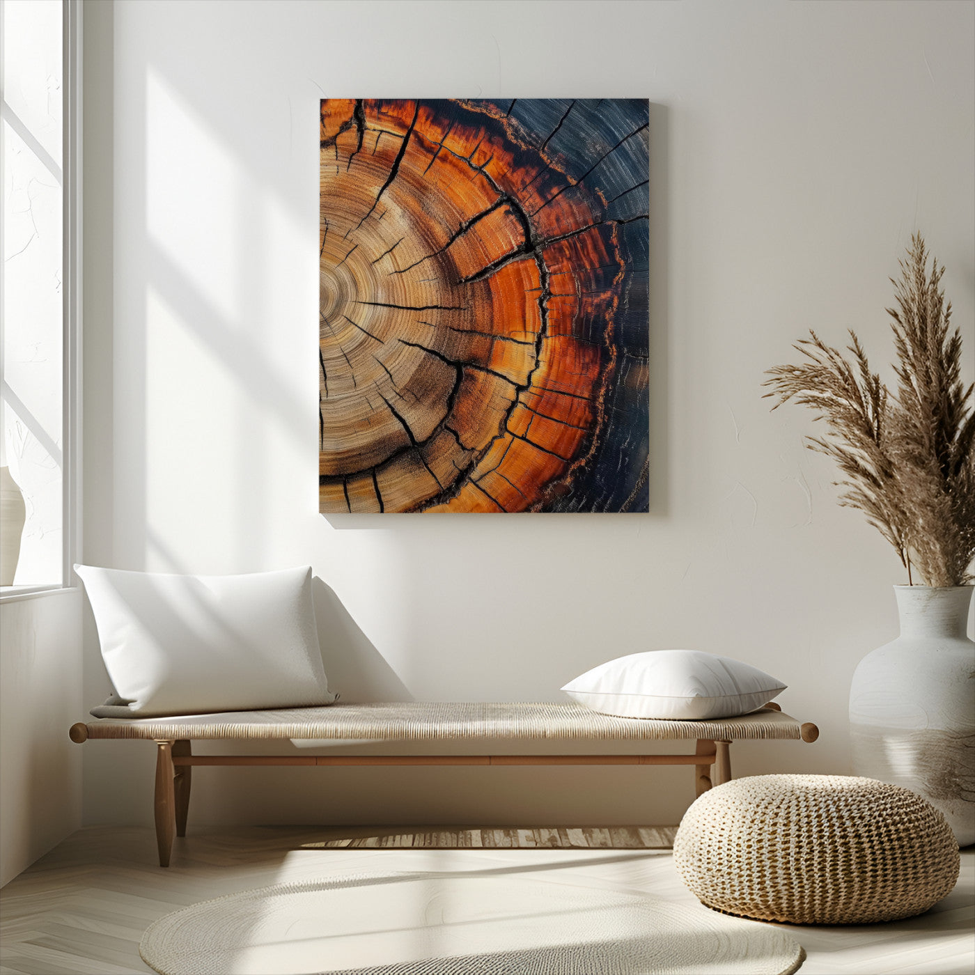 Framed canvas of burnt tree rings with rich wood texture and warm tones, ideal for rustic or earth-inspired interior decor.