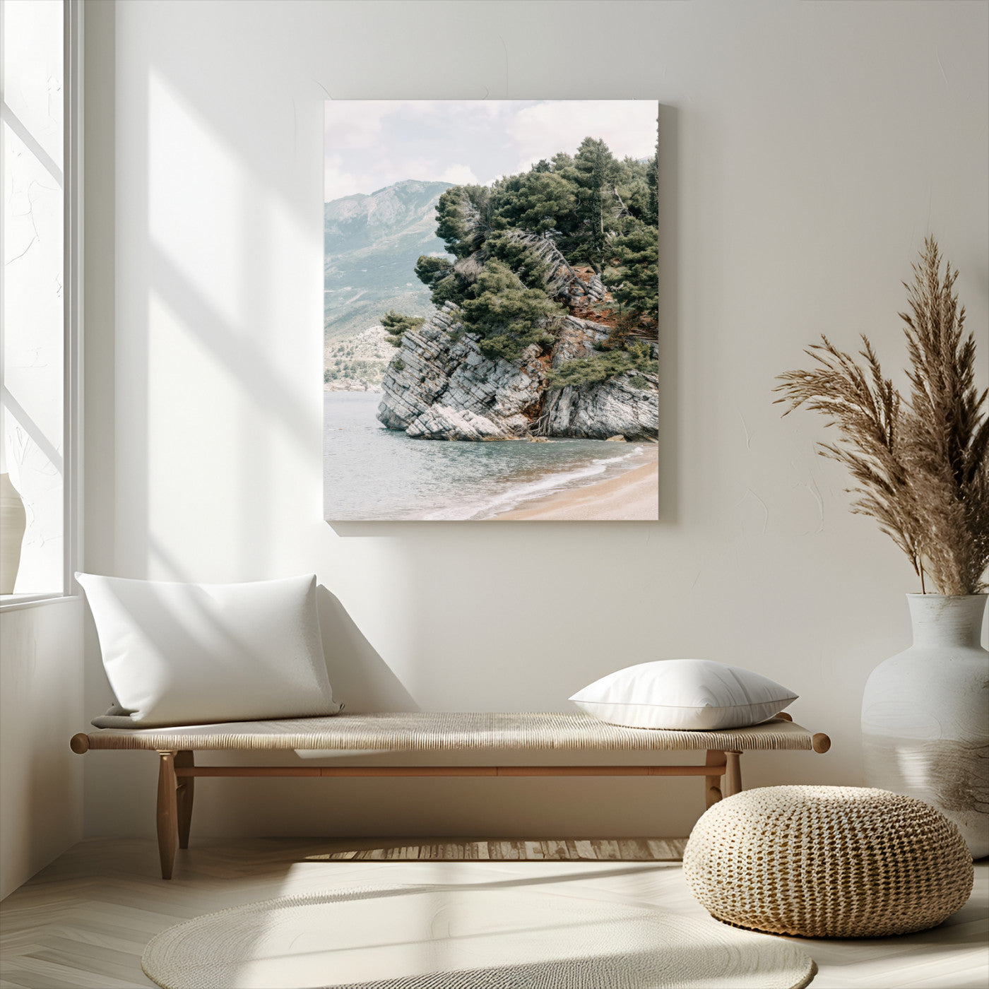 Framed photo of a rocky coastal cliff with dense greenery and calm shoreline, ideal for rustic coastal or earthy-toned home decor.
