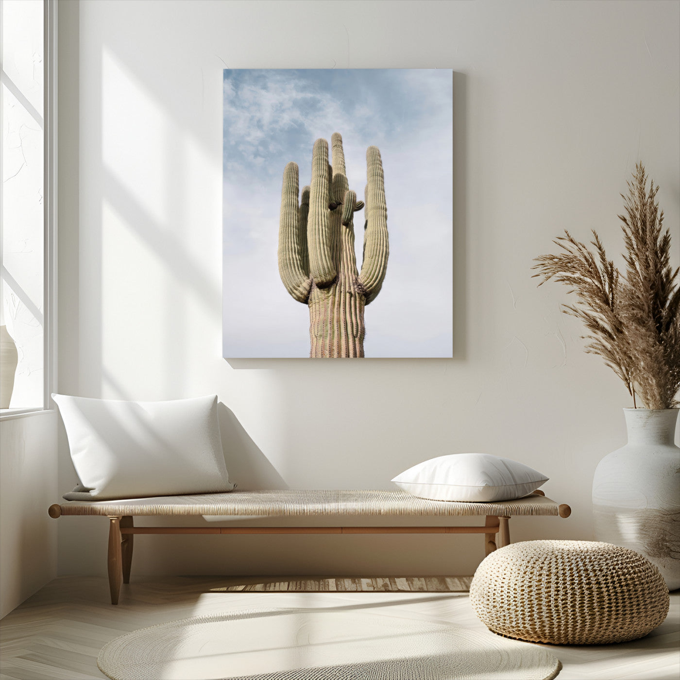 Vertical photo of a tall saguaro cactus against a soft sky, ideal for earthy or Southwestern home decor with warm neutral tones.