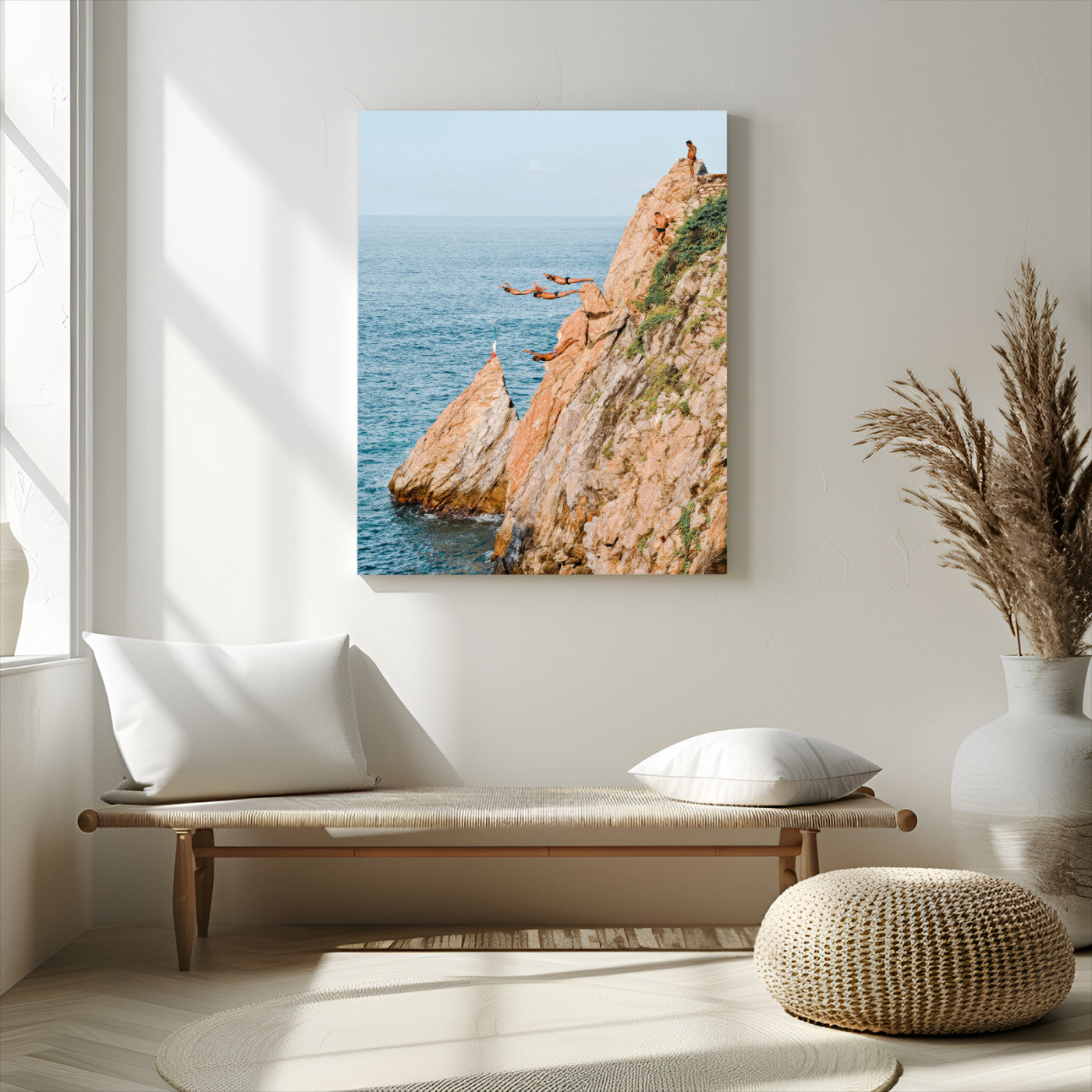 Canvas wall art capturing a bold cliff diving sequence into turquoise waters, perfect for vibrant and adventurous coastal or sporty interiors.