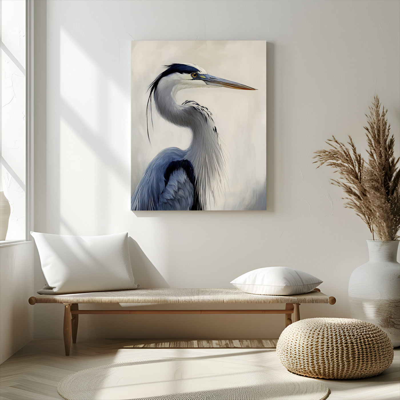 Elegant blue heron in profile with soft brush detail and neutral tones, ideal for nature-themed or coastal minimalist interiors.