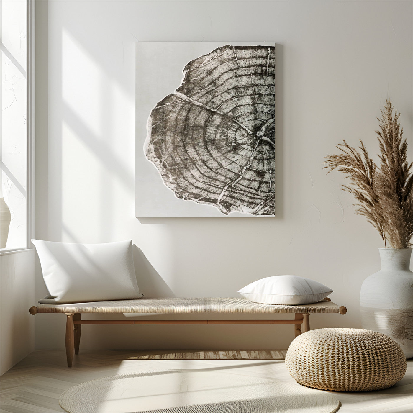 A close-up tree ring cross-section with neutral tones and organic texture, perfect for rustic, modern, or minimalist interior wall decor.