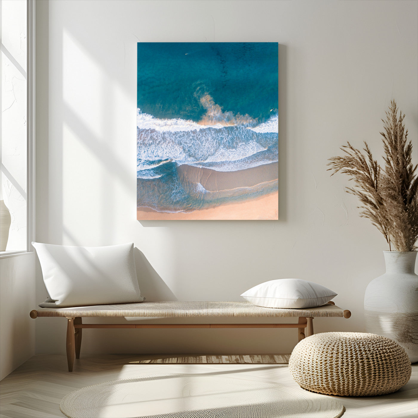 -Aerial Beach View Wall Art Canvas Print, Framed Ocean Waves Art Picture Print, Coastal Serenity Perfect Coastal Minimalist Decor Artwork
