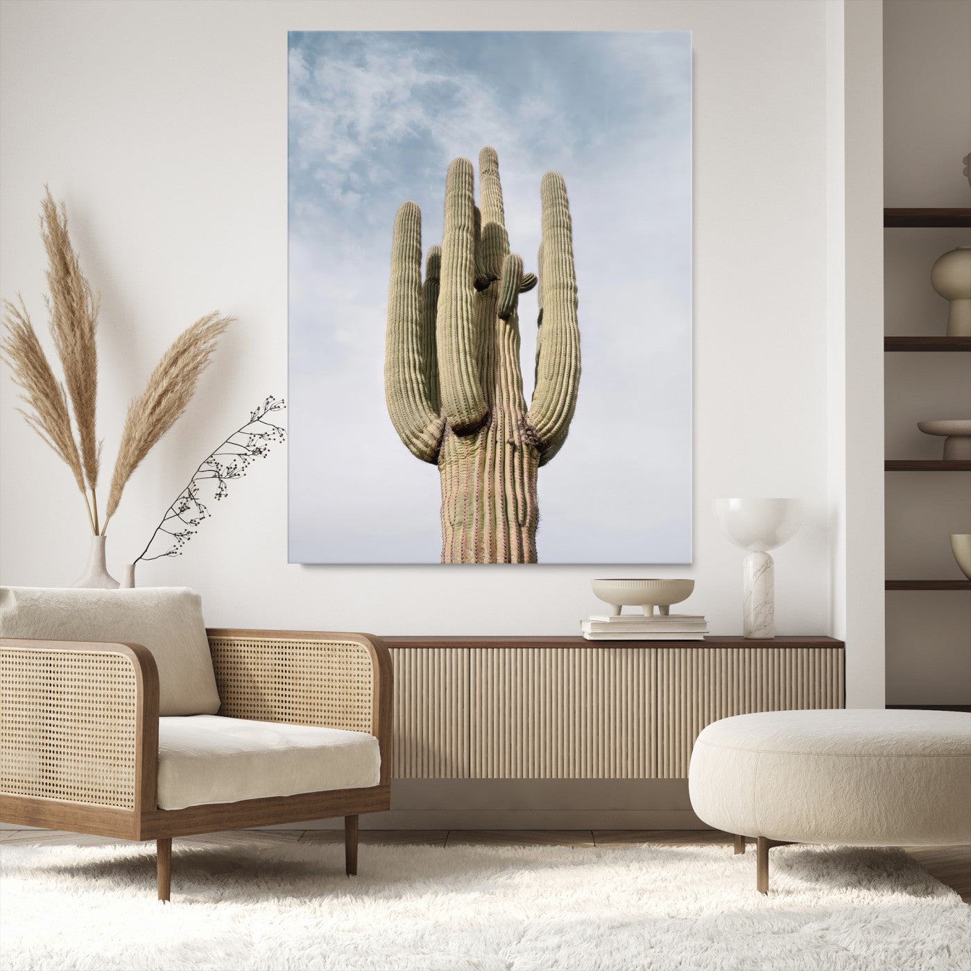 Vertical photo of a tall saguaro cactus against a soft sky, ideal for earthy or Southwestern home decor with warm neutral tones.
