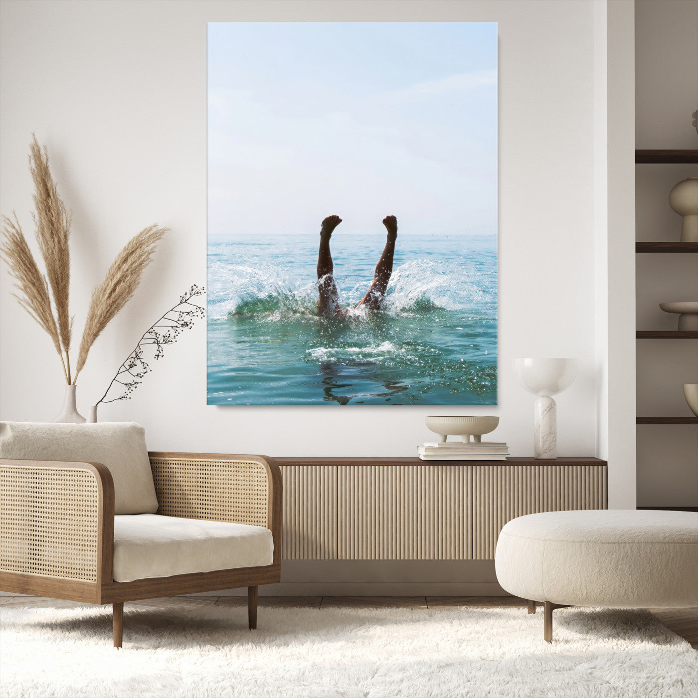 Vibrant ocean canvas of a playful diving splash, ideal for coastal or beach-themed interiors with a lively summer vibe.