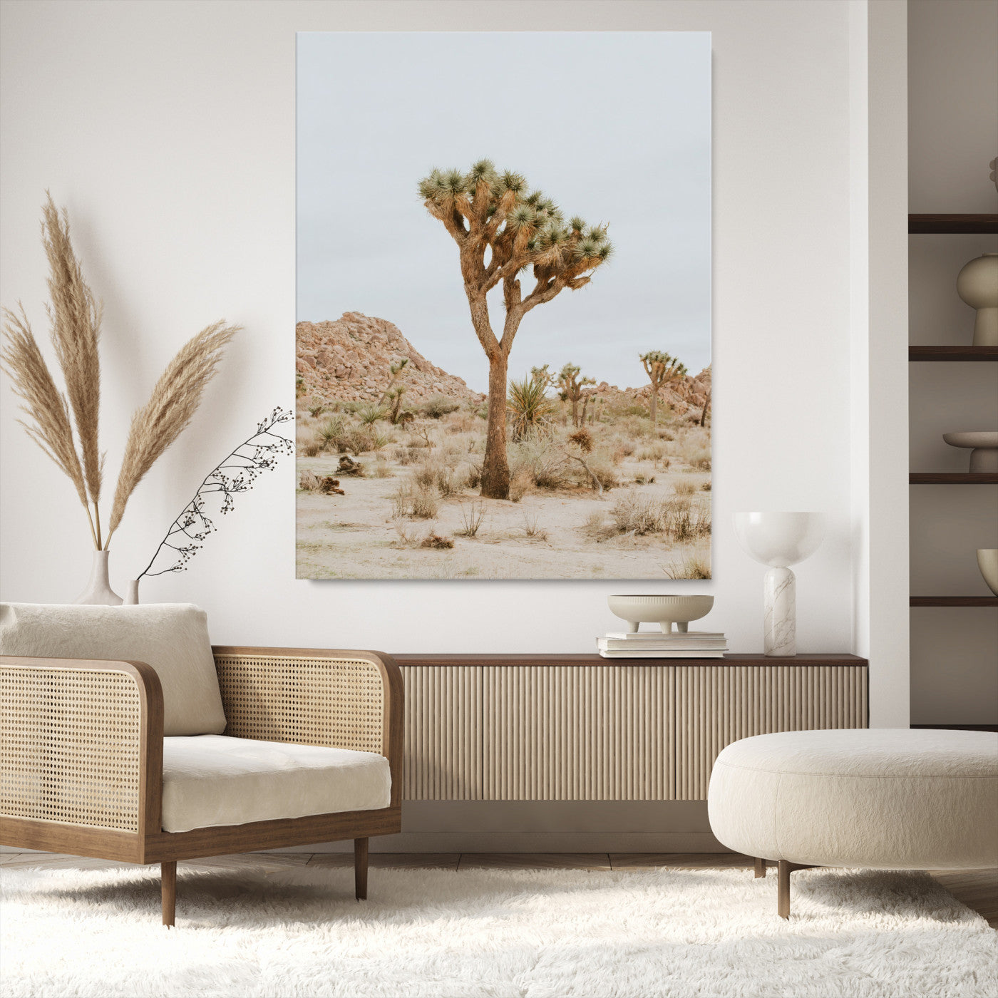 Canvas of a Joshua Tree in neutral desert tones under soft light, ideal for southwestern minimalist or rustic nature-inspired home decor.