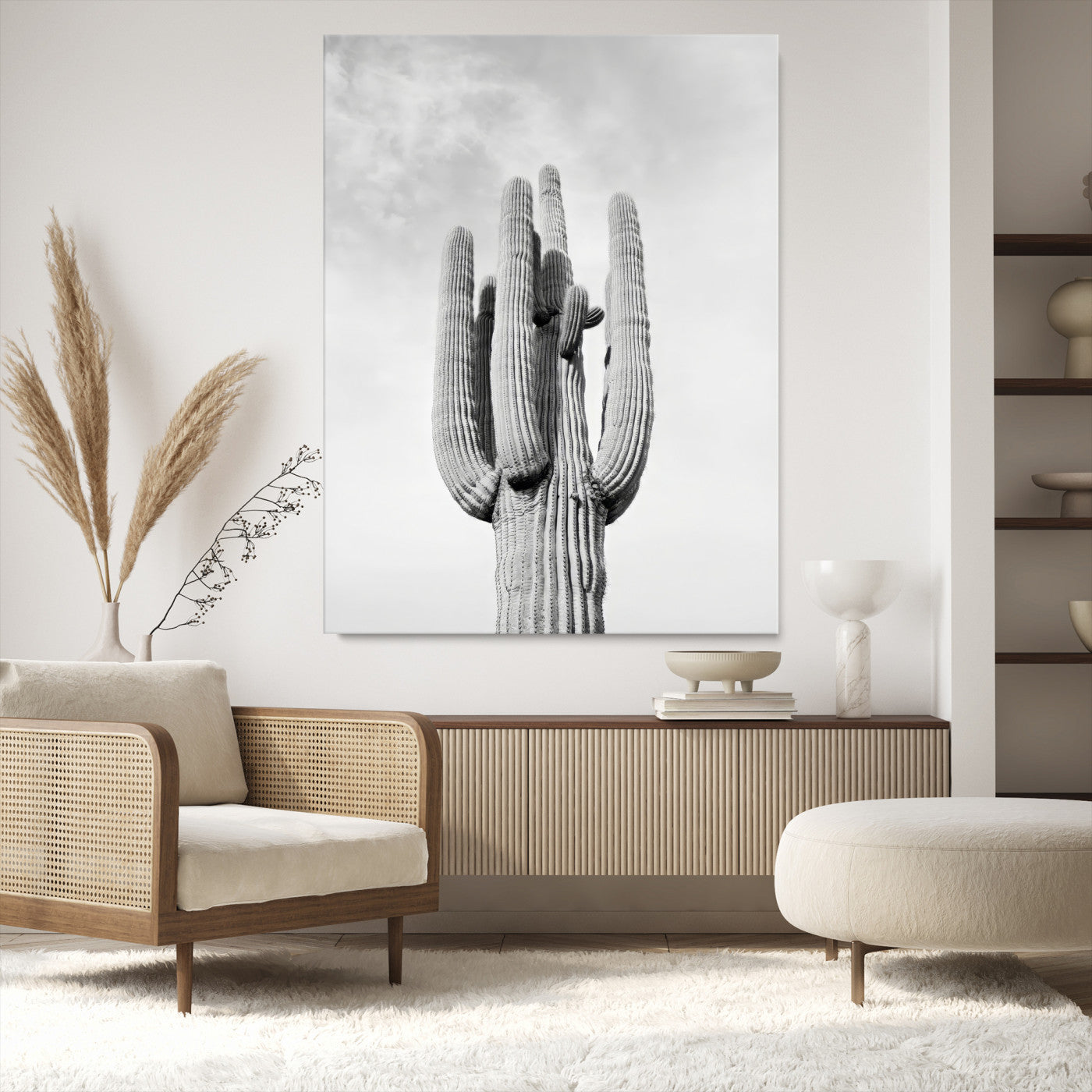 Canvas of a tall saguaro cactus in black and white with moody tones, perfect for southwestern minimalist or modern desert-themed home decor.