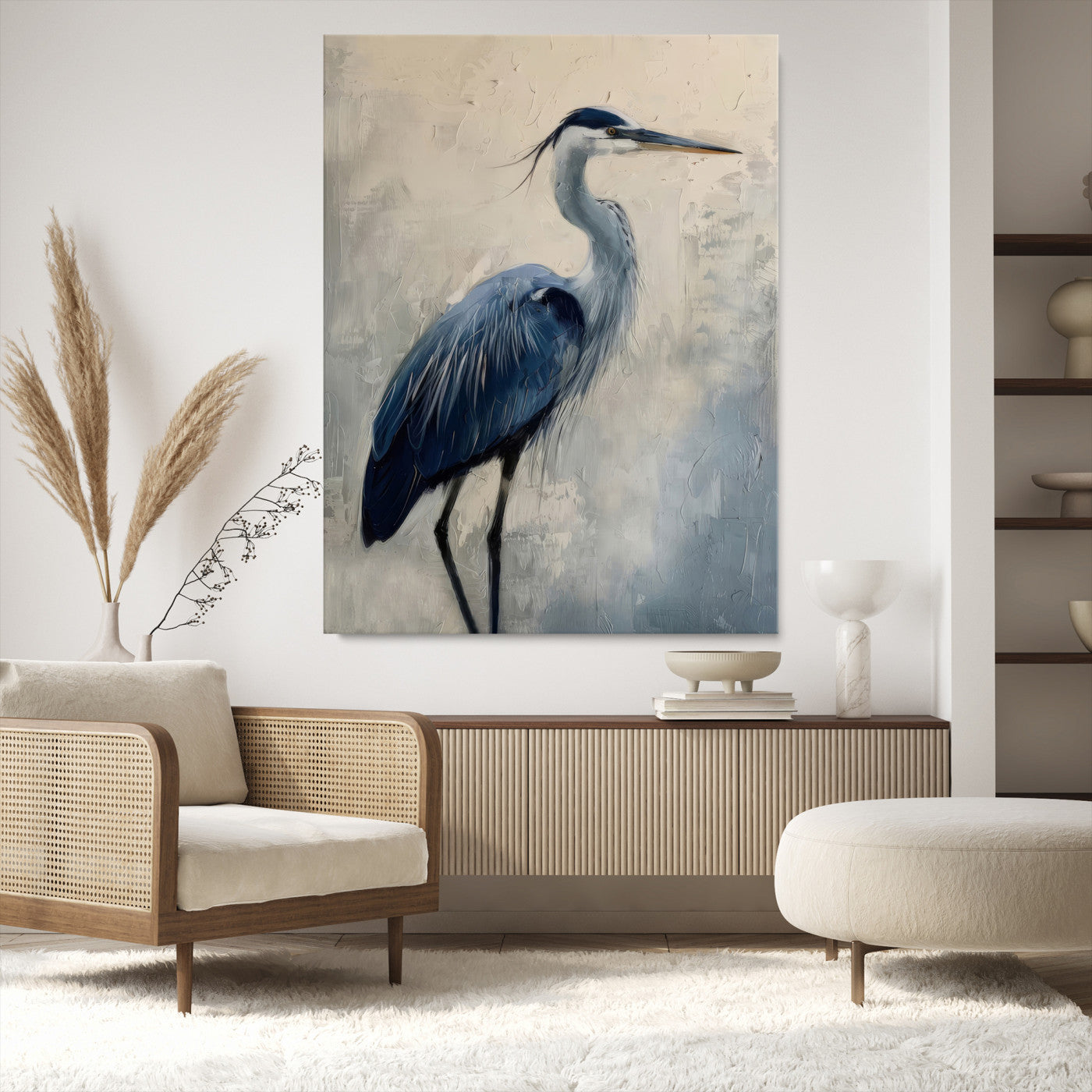 Blue heron standing gracefully on one leg, painted in soft neutrals and cool tones, perfect for modern coastal or nature-inspired decor.