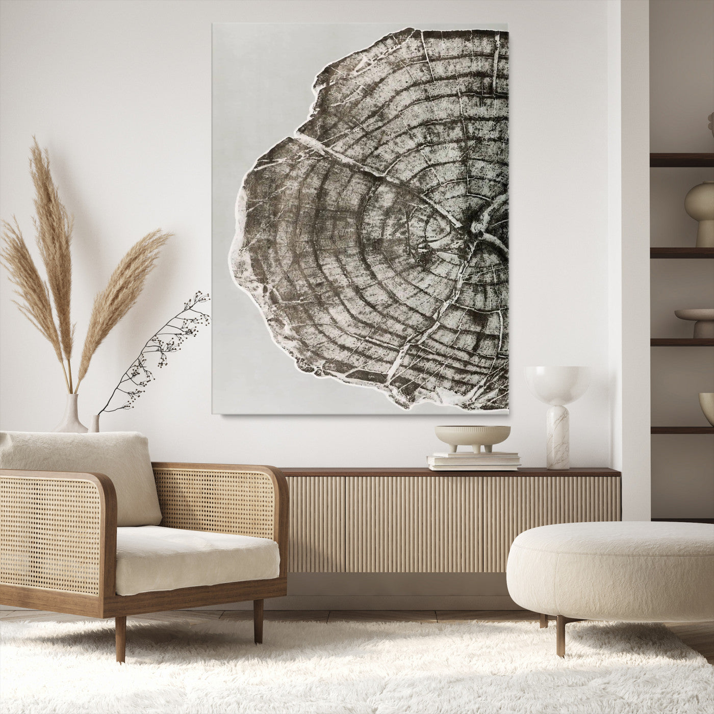 A close-up tree ring cross-section with neutral tones and organic texture, perfect for rustic, modern, or minimalist interior wall decor.
