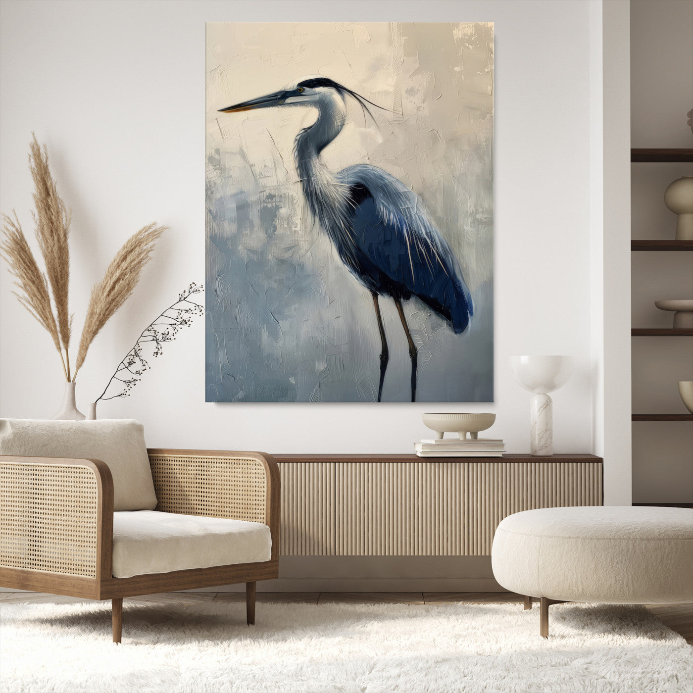 Elegant heron bird standing tall with soft brushstroke texture and muted tones, perfect for coastal or nature-themed home decor.