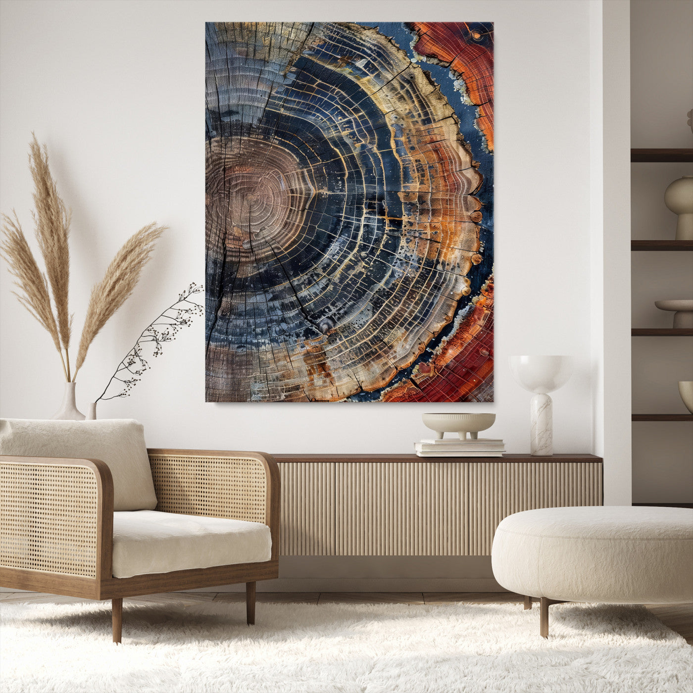 Close-up of a tree ring cross-section showing detailed growth rings in earthy tones, perfect for rustic or nature-inspired home decor.