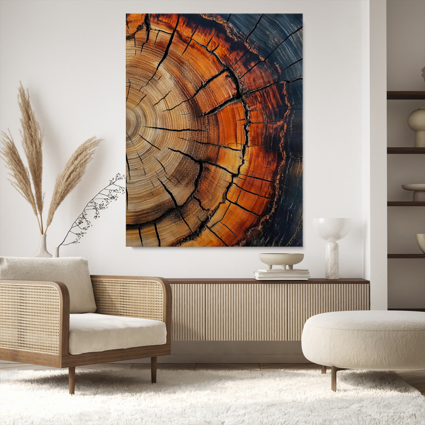Close-up of tree rings with deep cracks and rich brown tones, highlighting natural texture and organic patterns, perfect for rustic wall art.