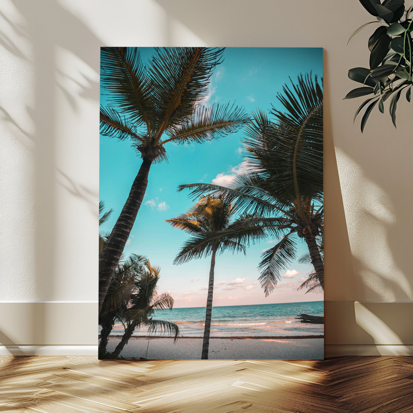 Tall palm trees swaying over a tropical beach with turquoise ocean waves and a soft sunset glow, creating a relaxing coastal vibe.