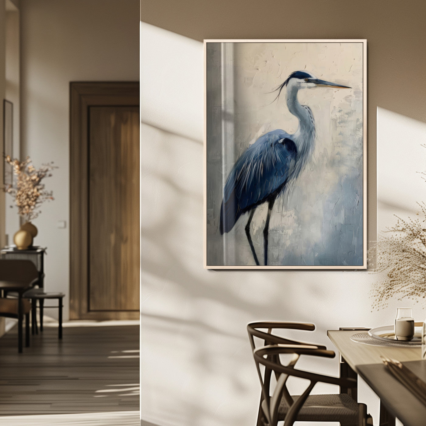 Blue heron standing gracefully on one leg, painted in soft neutrals and cool tones, perfect for modern coastal or nature-inspired decor.