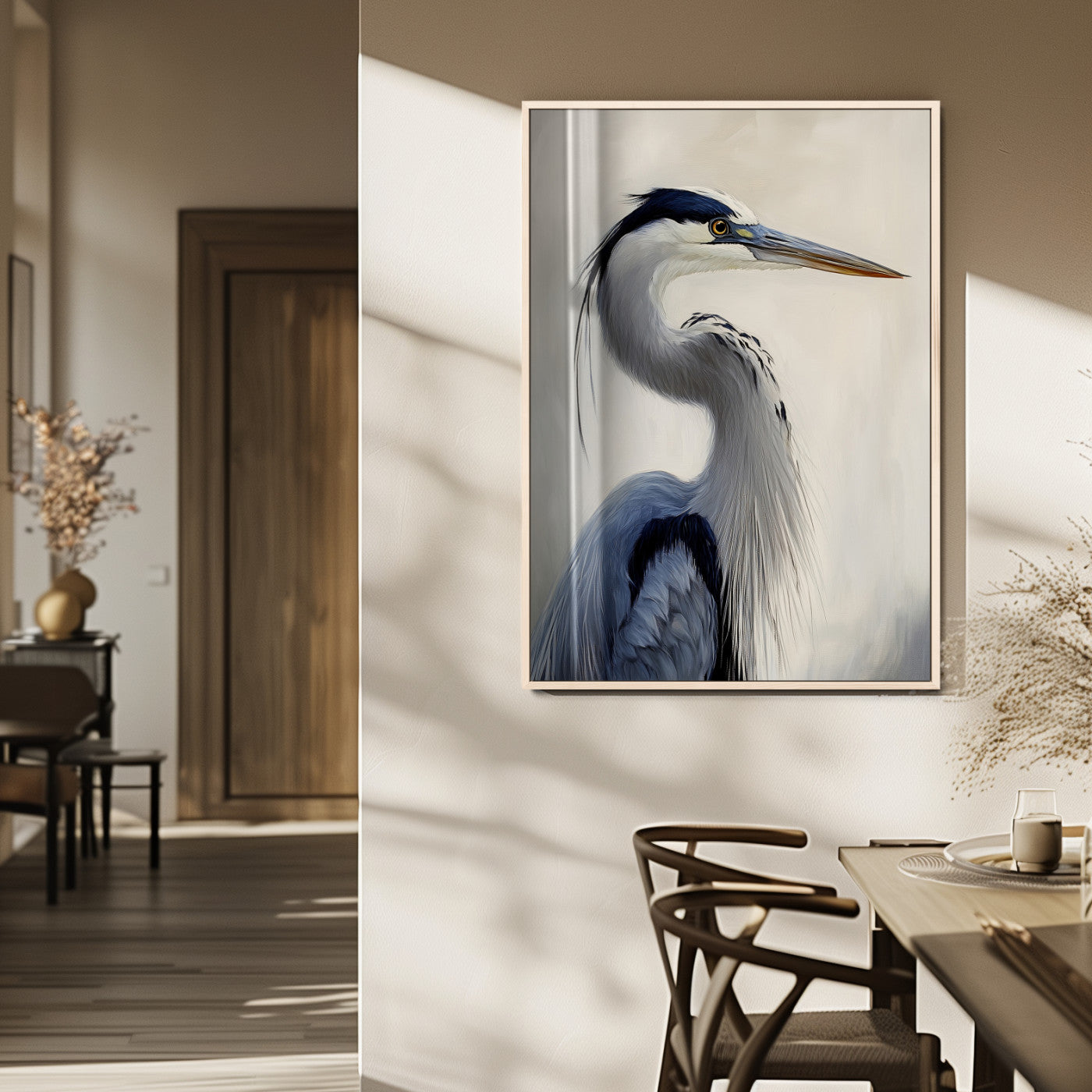 Elegant blue heron in profile with soft brush detail and neutral tones, ideal for nature-themed or coastal minimalist interiors.