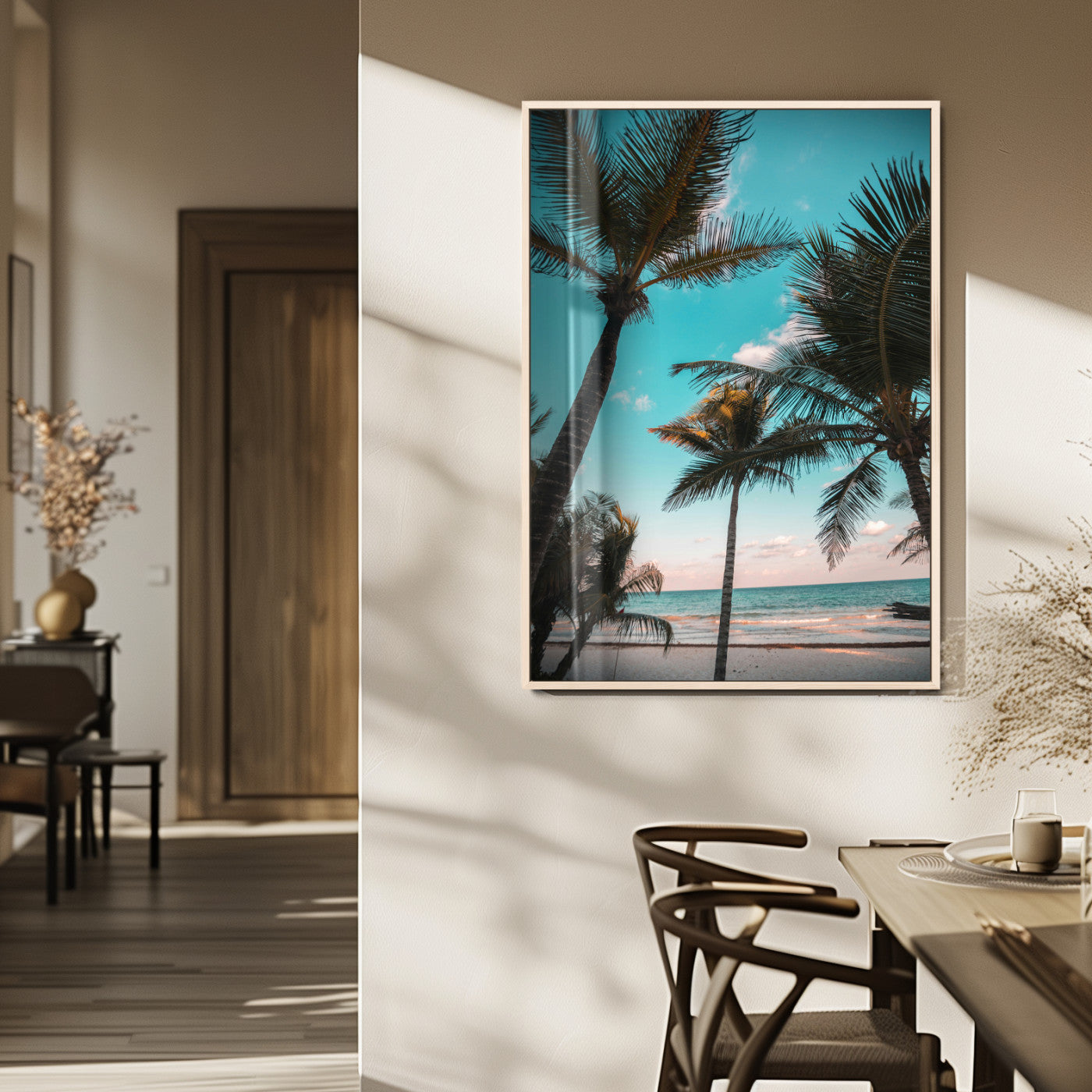 Tall palm trees swaying over a tropical beach with turquoise ocean waves and a soft sunset glow, creating a relaxing coastal vibe.