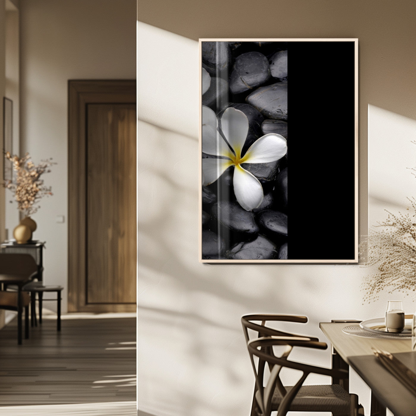 Large Wall Art White Flowers on Black Zen Meditation Stones Vertical Canvas Print