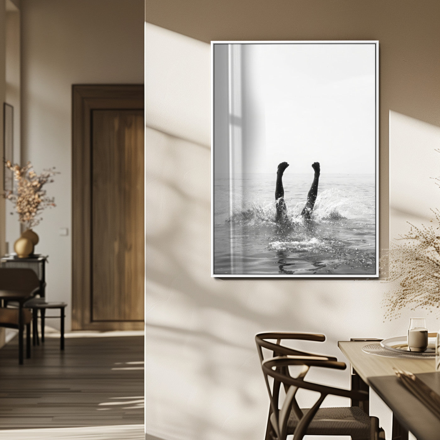 Black and white ocean art featuring a swimmer's legs mid-splash, perfect for minimalist, coastal, or monochrome modern interiors.