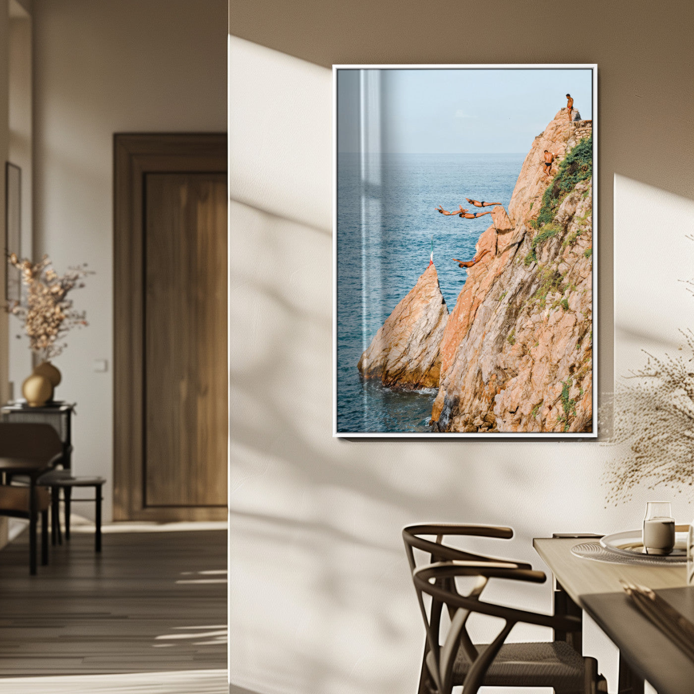Canvas wall art capturing a bold cliff diving sequence into turquoise waters, perfect for vibrant and adventurous coastal or sporty interiors.