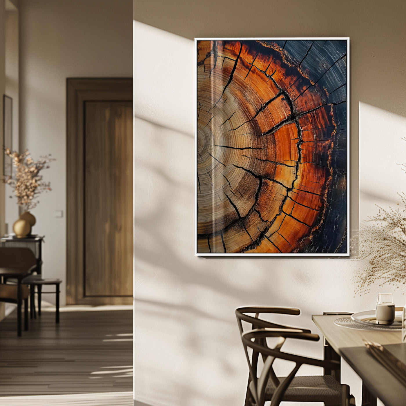 Close-up of a vibrant tree ring cross-section with orange and blue tones, ideal for rustic or boho-style interior decor.