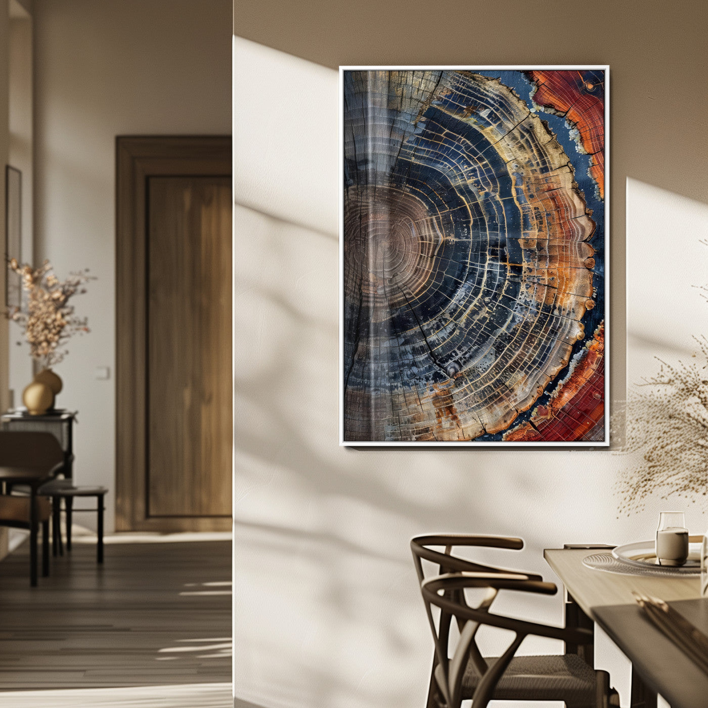 Close-up of a tree ring cross-section showing detailed growth rings in earthy tones, perfect for rustic or nature-inspired home decor.