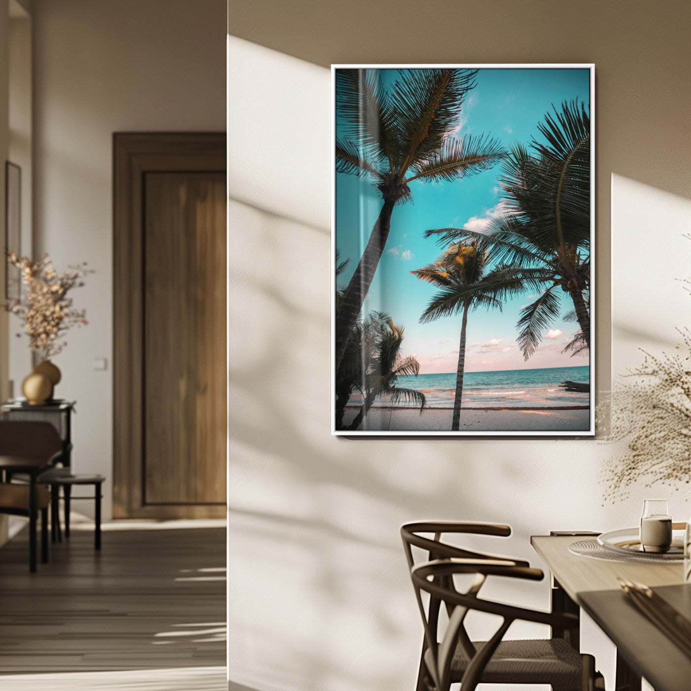 Tall palm trees swaying over a tropical beach with turquoise ocean waves and a soft sunset glow, creating a relaxing coastal vibe.