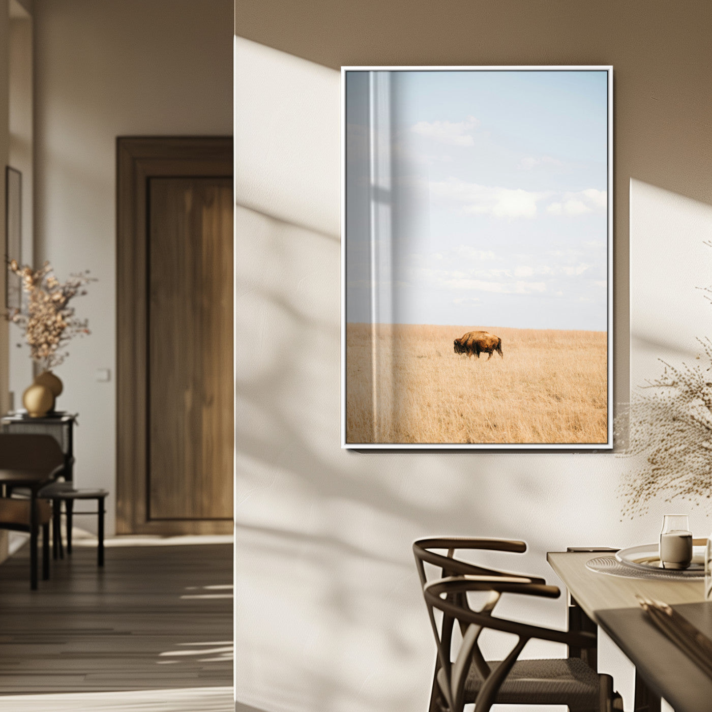 Minimalist Nature Wall Art Canvas Print, Framed Bison In Grassland Art Picture Print, Open Field Perfect Modern Ranch Decor Decor Artwork