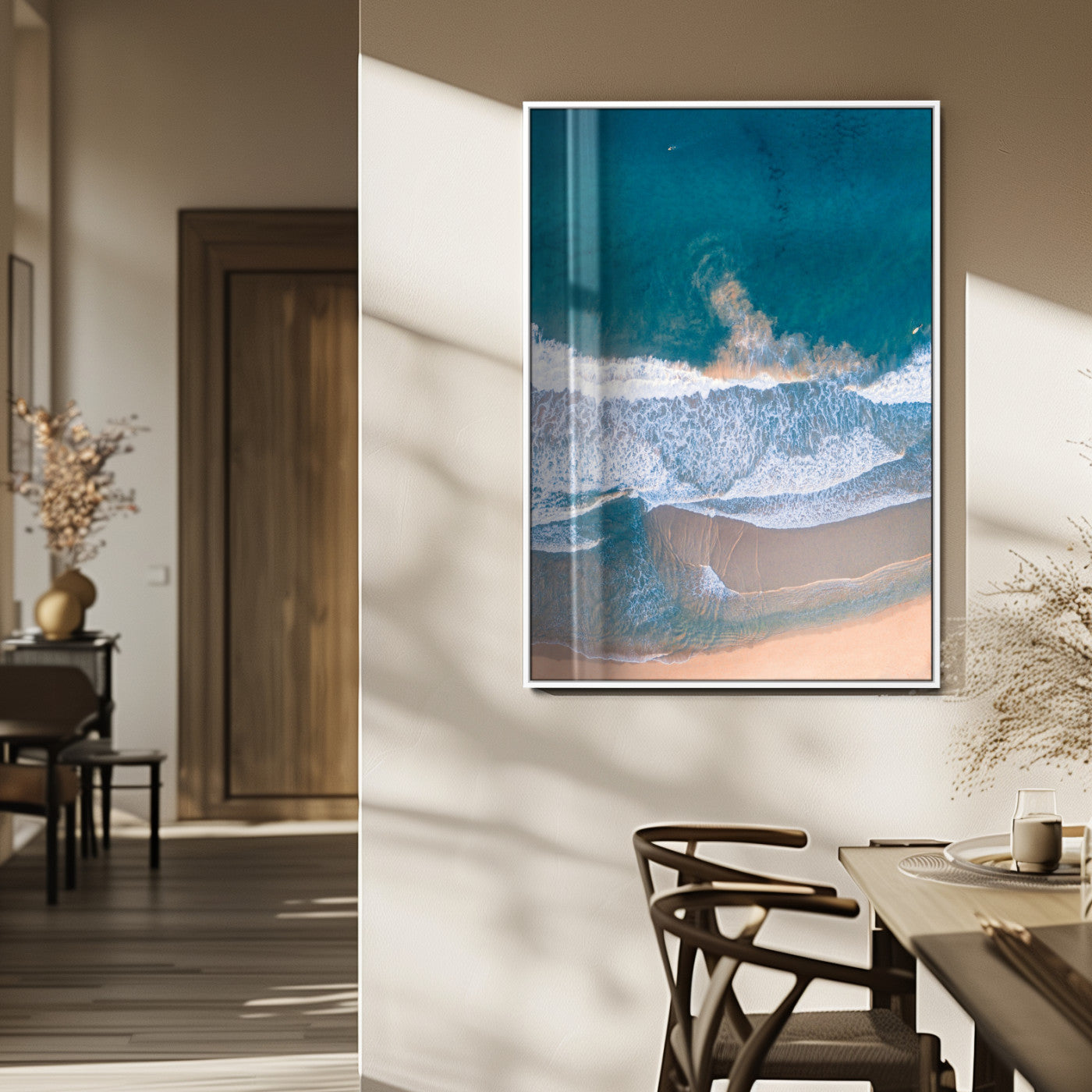 97740681-MGV-FP-48X32-3P_White-Aerial Beach View Wall Art Canvas Print, Framed Ocean Waves Art Picture Print, Coastal Serenity Perfect Coastal Minimalist Decor Artwork