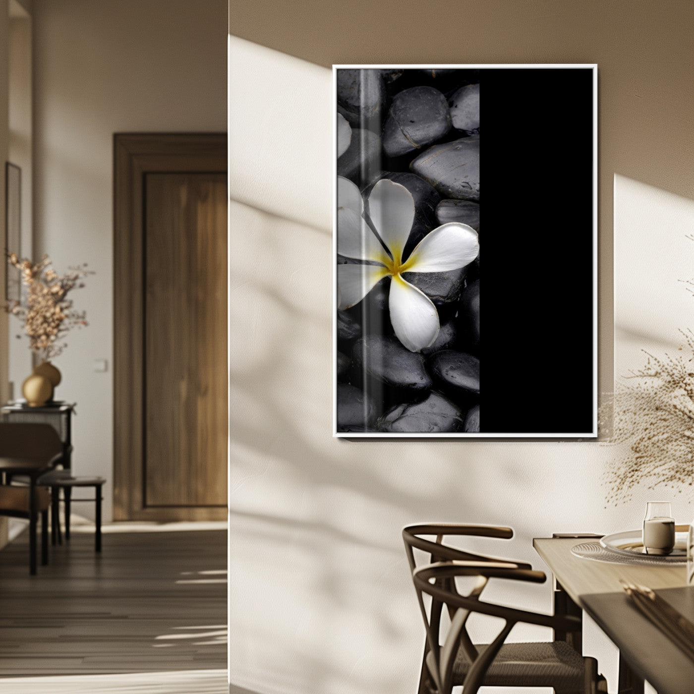 Large Wall Art White Flowers on Black Zen Meditation Stones Vertical Canvas Print