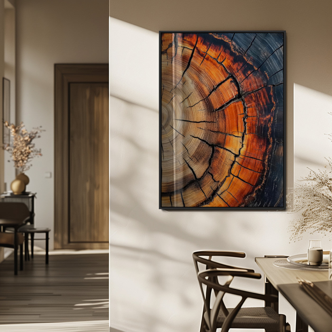 Framed canvas of burnt tree rings with rich wood texture and warm tones, ideal for rustic or earth-inspired interior decor.