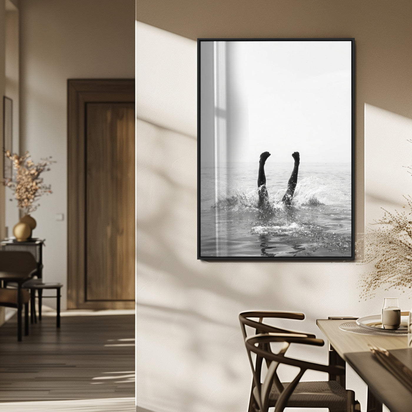 Black and white ocean art featuring a swimmer's legs mid-splash, perfect for minimalist, coastal, or monochrome modern interiors.