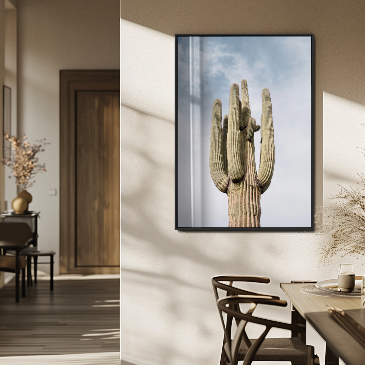Vertical photo of a tall saguaro cactus against a soft sky, ideal for earthy or Southwestern home decor with warm neutral tones.