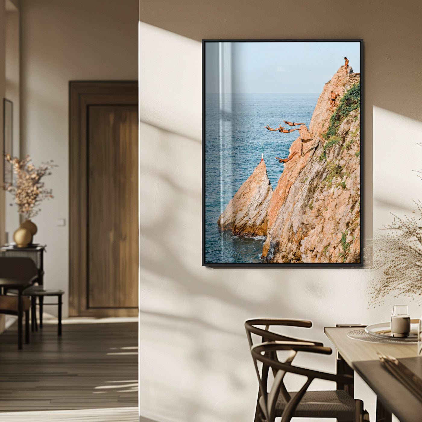 Canvas wall art capturing a bold cliff diving sequence into turquoise waters, perfect for vibrant and adventurous coastal or sporty interiors.