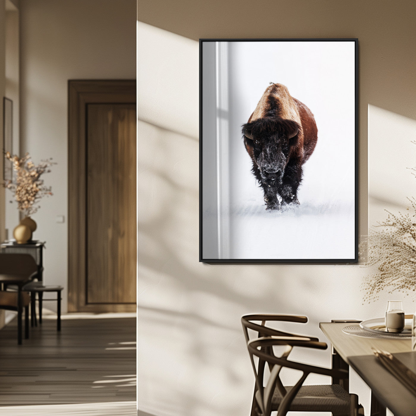 Front view of a strong bison walking in deep snow, isolated white background, perfect for rustic or lodge-style home decor.