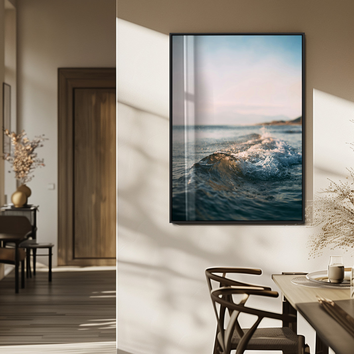 Close-up of ocean waves rolling gently toward the shore at sunset, creating a peaceful and minimalist coastal scene.