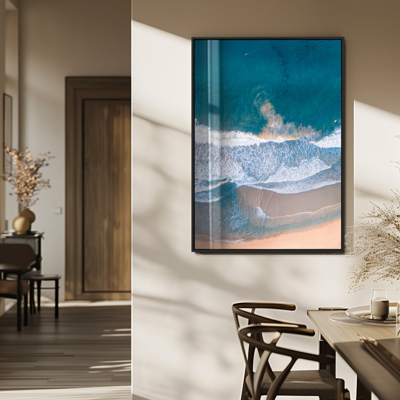 97740681-MGV-FP-48X32-3P_Black-Aerial Beach View Wall Art Canvas Print, Framed Ocean Waves Art Picture Print, Coastal Serenity Perfect Coastal Minimalist Decor Artwork