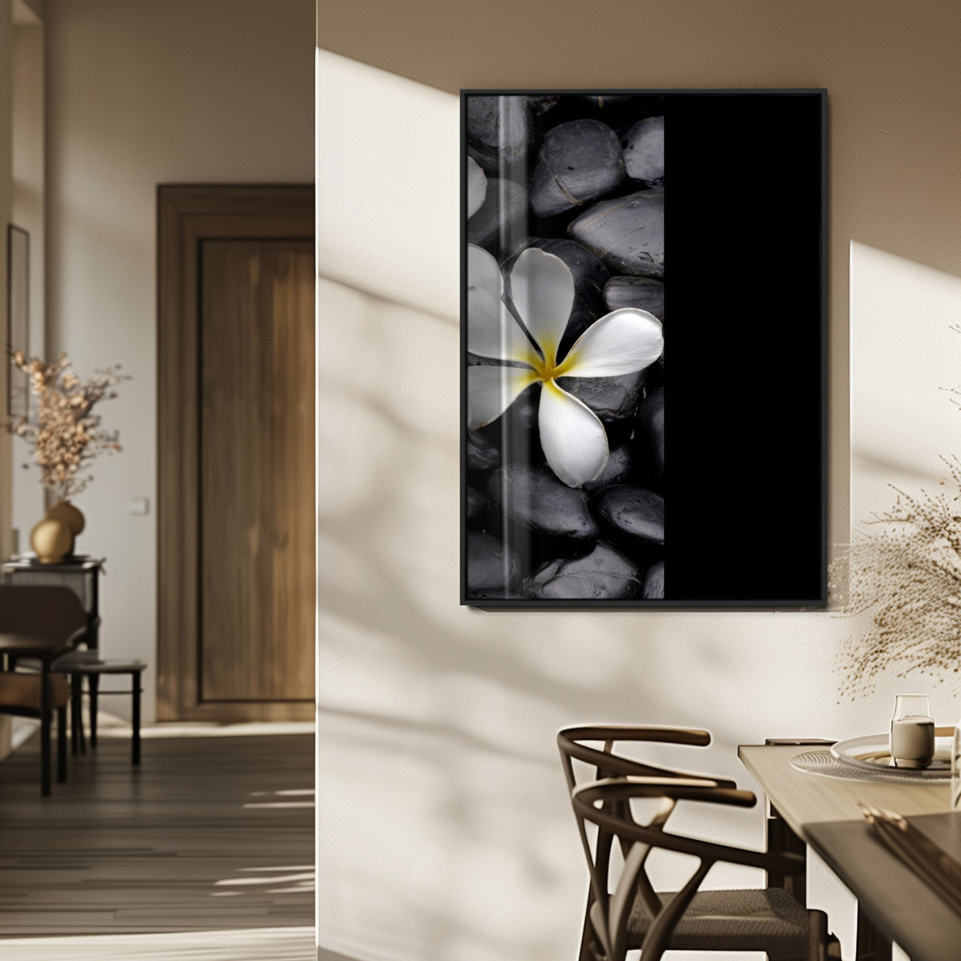 Large Wall Art White Flowers on Black Zen Meditation Stones Vertical Canvas Print