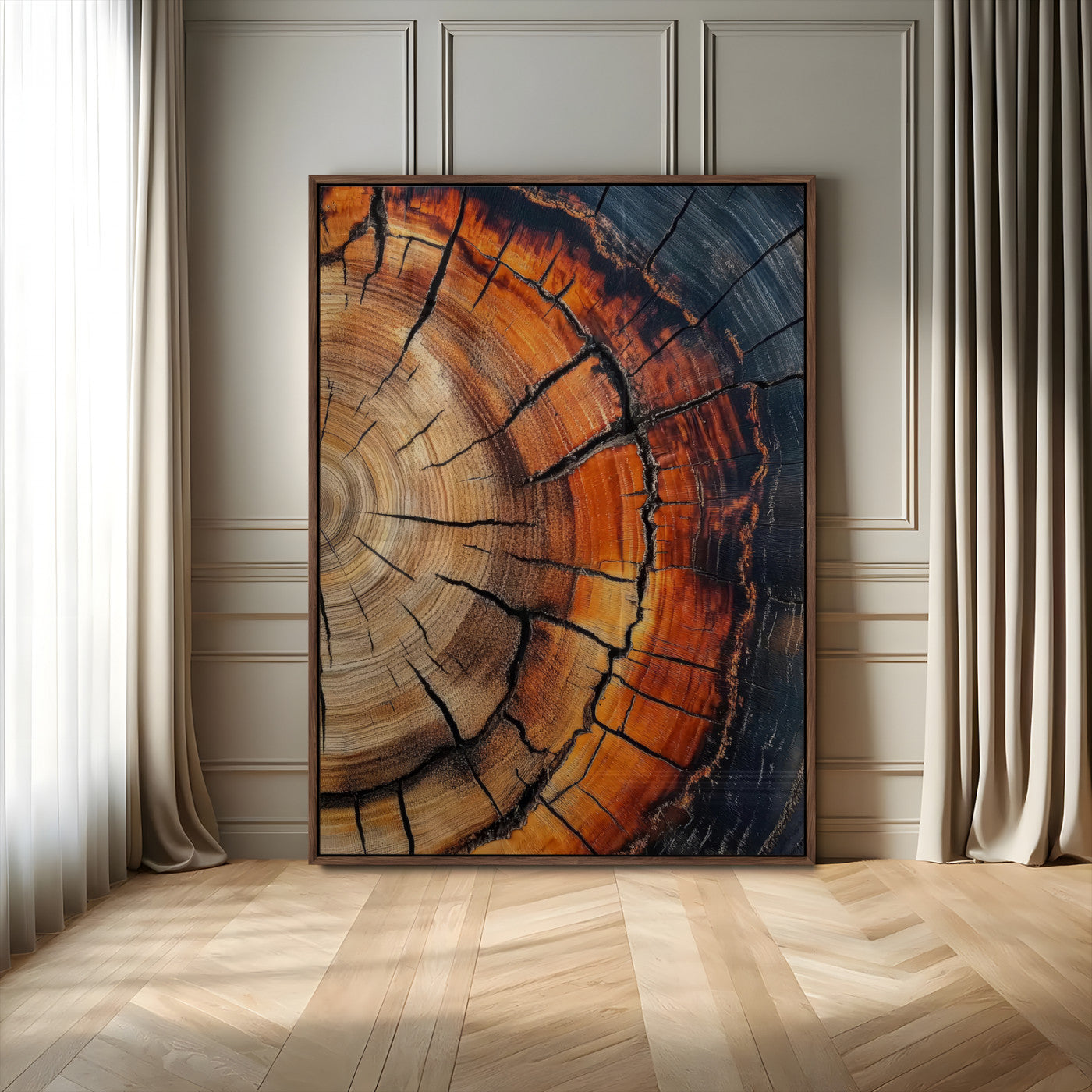 Framed canvas of burnt tree rings with rich wood texture and warm tones, ideal for rustic or earth-inspired interior decor.