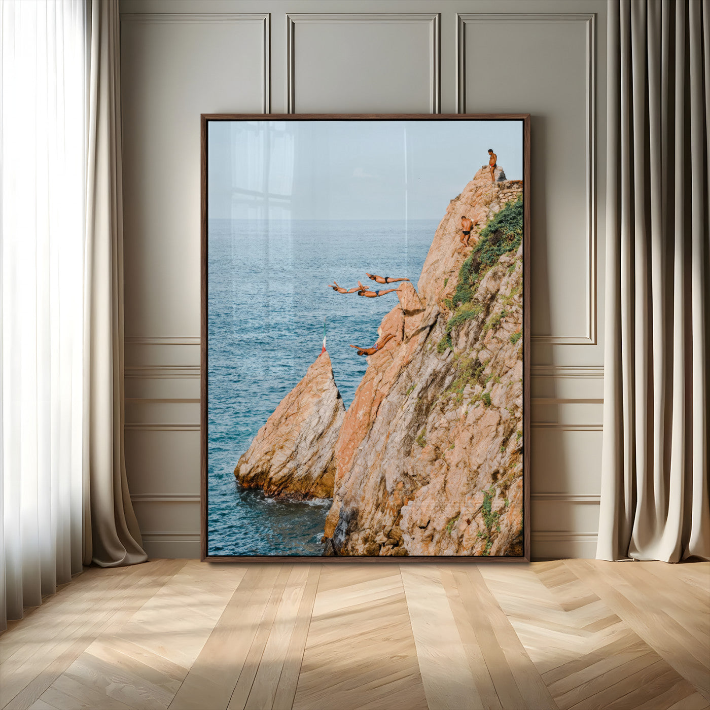 Canvas wall art capturing a bold cliff diving sequence into turquoise waters, perfect for vibrant and adventurous coastal or sporty interiors.