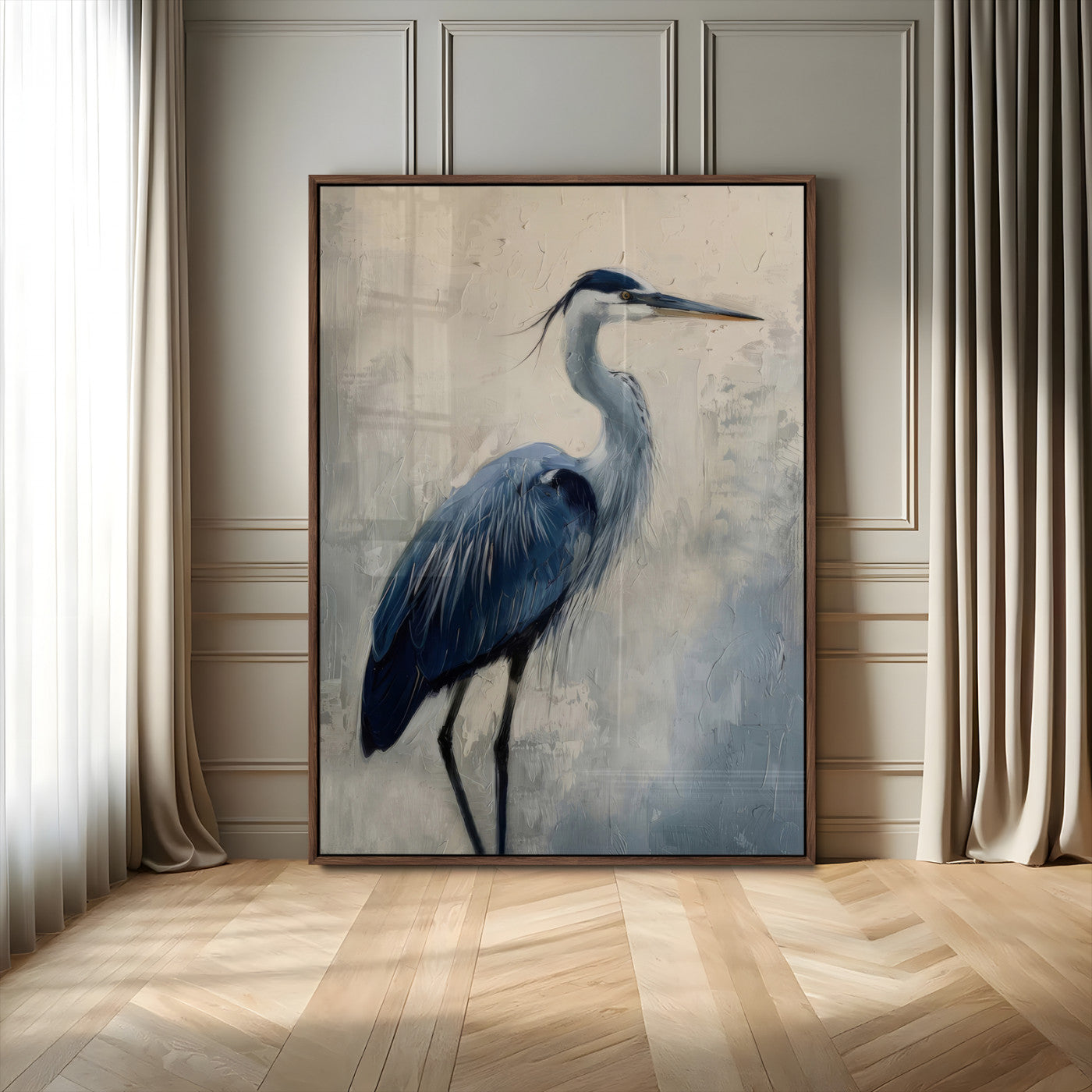 Blue heron standing gracefully on one leg, painted in soft neutrals and cool tones, perfect for modern coastal or nature-inspired decor.