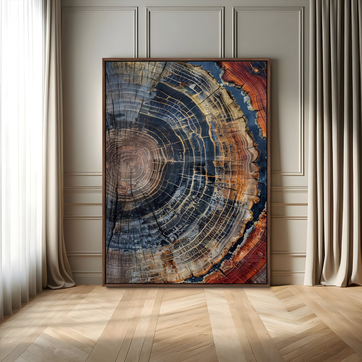 Close-up of a tree ring cross-section showing detailed growth rings in earthy tones, perfect for rustic or nature-inspired home decor.
