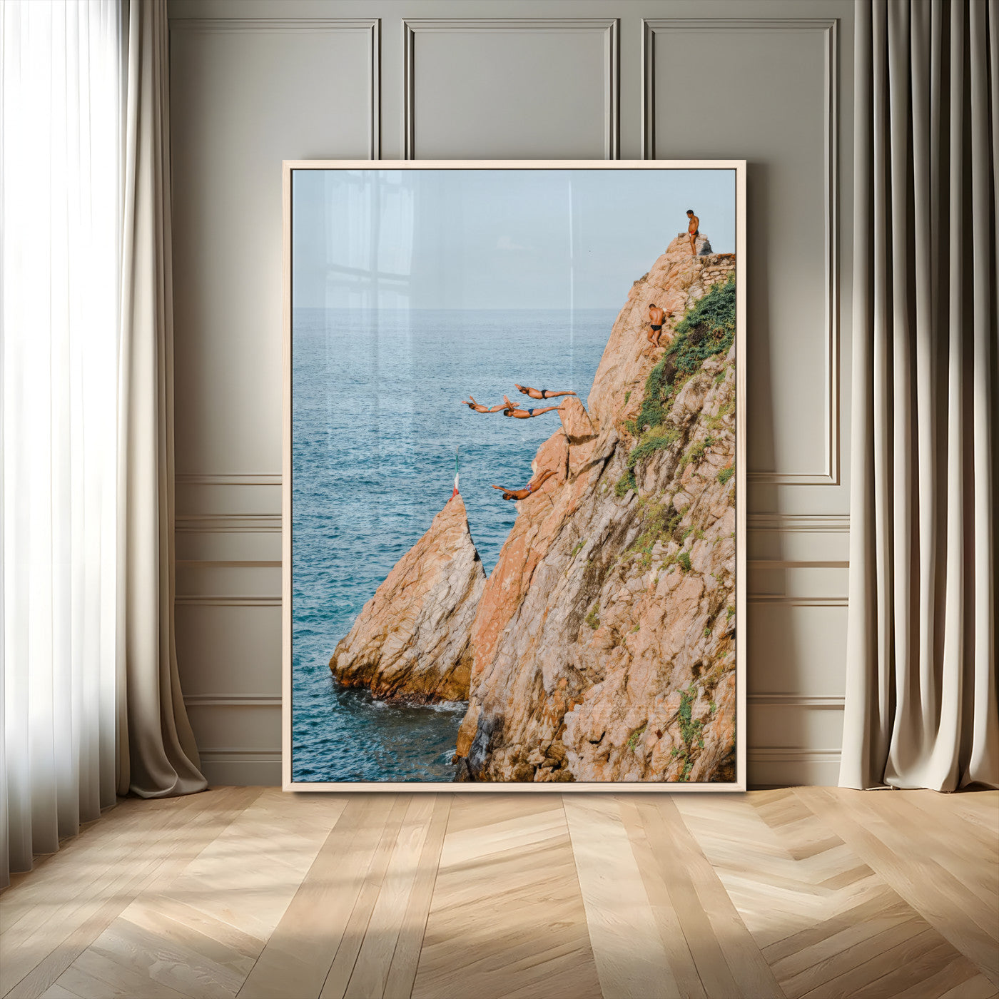 Canvas wall art capturing a bold cliff diving sequence into turquoise waters, perfect for vibrant and adventurous coastal or sporty interiors.
