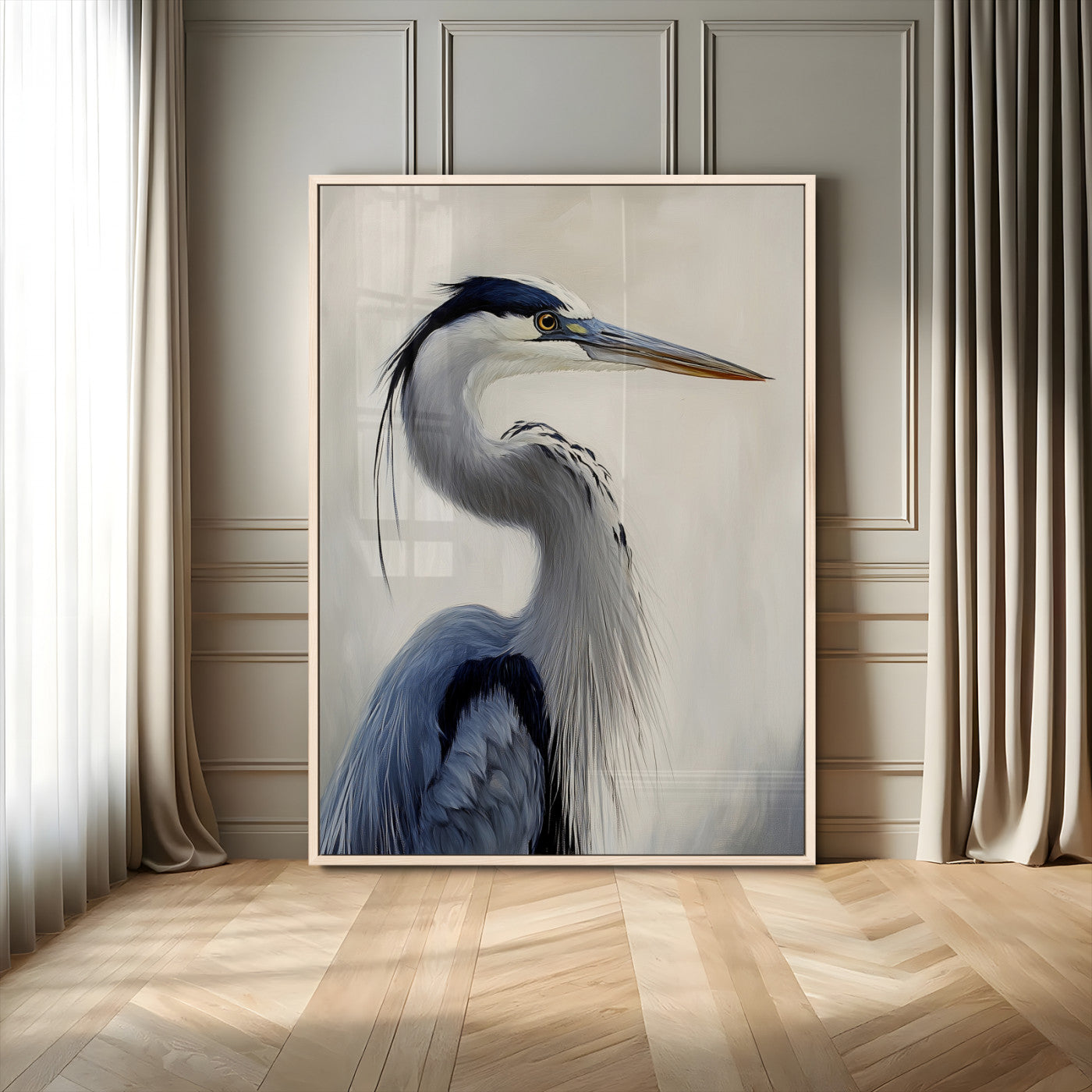 Elegant blue heron in profile with soft brush detail and neutral tones, ideal for nature-themed or coastal minimalist interiors.