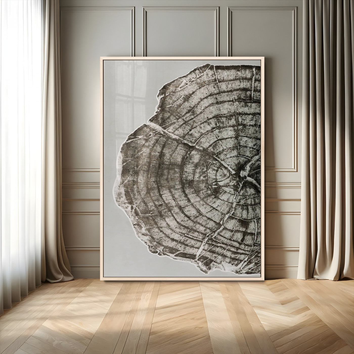 A close-up tree ring cross-section with neutral tones and organic texture, perfect for rustic, modern, or minimalist interior wall decor.